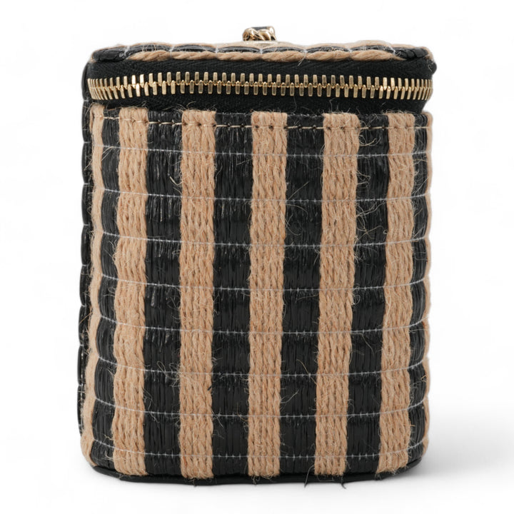 CHANEL 21P Raffia Black Beige Stripe Small Vanity Case with Chain - Dearluxe.com