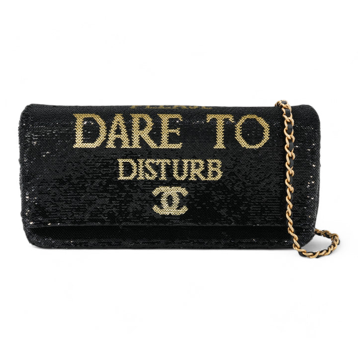 CHANEL Please Dare to Disturb Black and Gold Sequin Flap Bag - Dearluxe.com