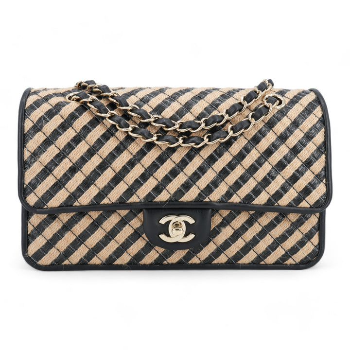 CHANEL 21P Raffia Jute Black Beige Stripe Medium Flap Bag - Dearluxe.com