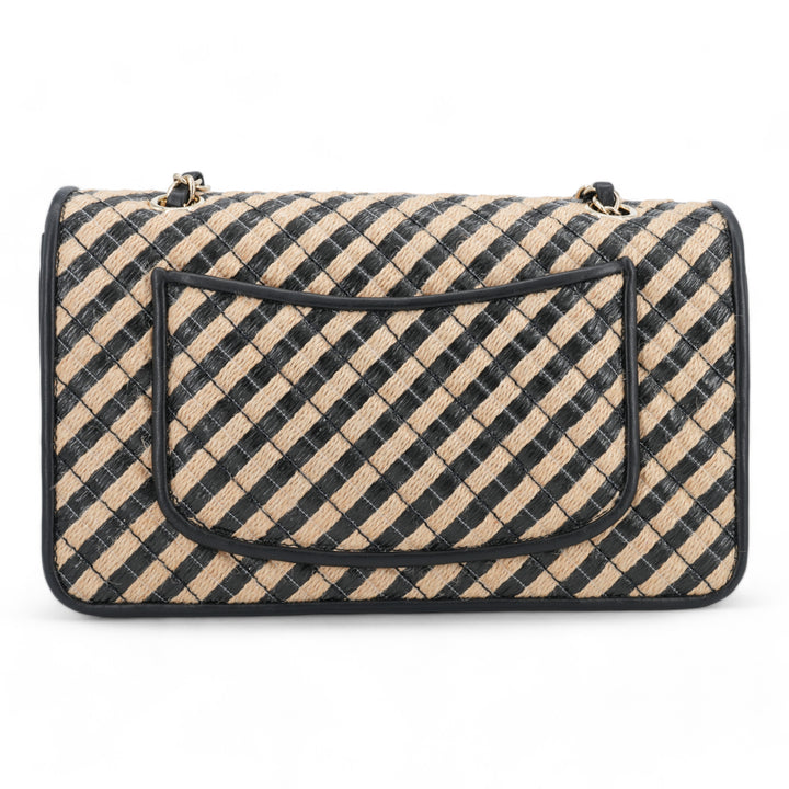 CHANEL 21P Raffia Jute Black Beige Stripe Medium Flap Bag - Dearluxe.com