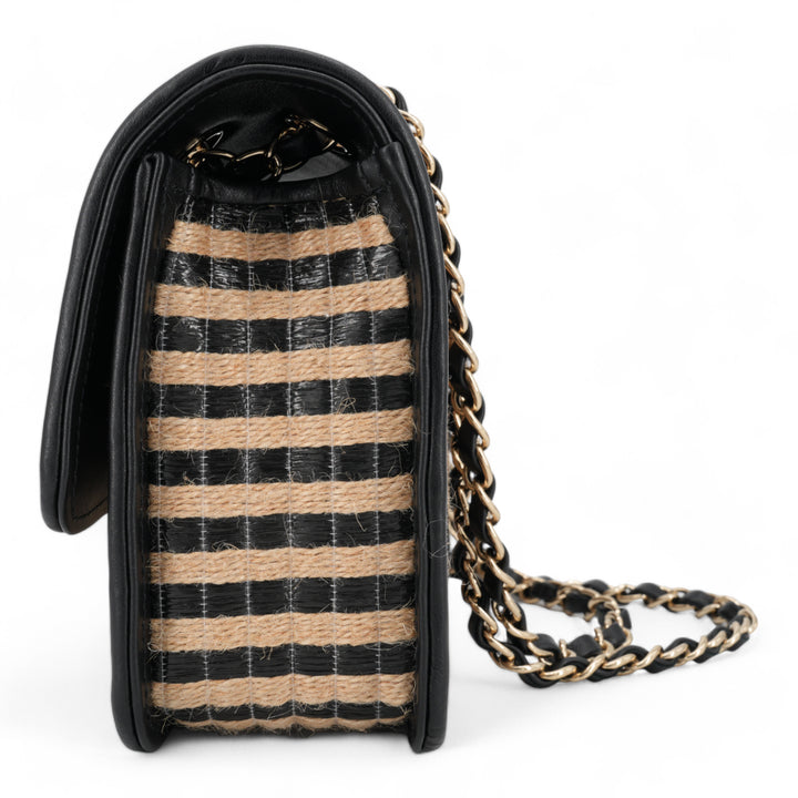 CHANEL 21P Raffia Jute Black Beige Stripe Medium Flap Bag - Dearluxe.com