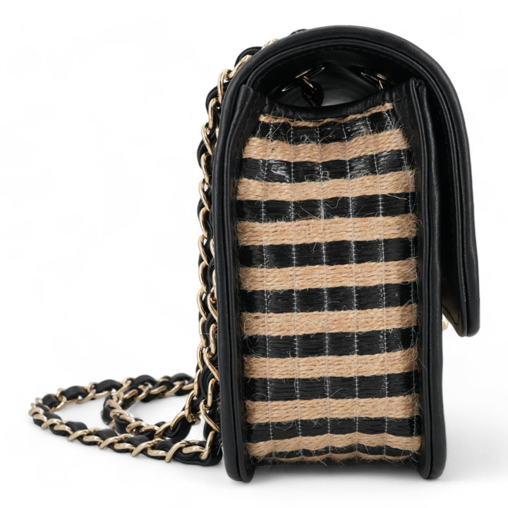 CHANEL 21P Raffia Jute Black Beige Stripe Medium Flap Bag - Dearluxe.com