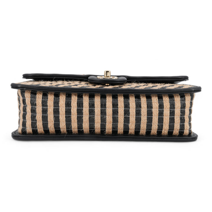 CHANEL 21P Raffia Jute Black Beige Stripe Medium Flap Bag - Dearluxe.com