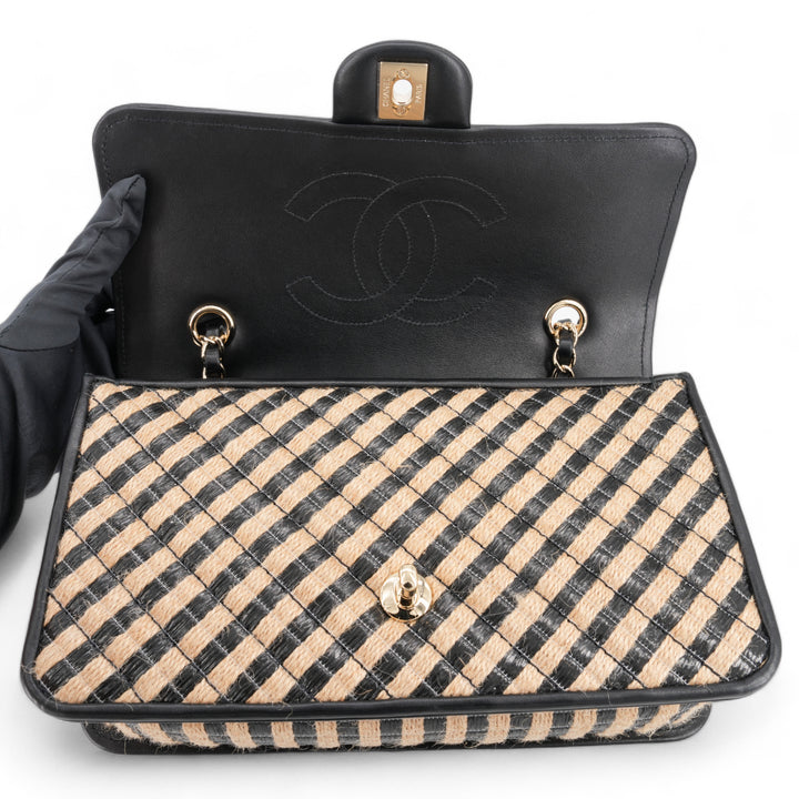 CHANEL 21P Raffia Jute Black Beige Stripe Medium Flap Bag - Dearluxe.com