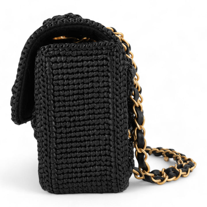 CHANEL 24P Black Braided Raffia Classic Small Flap Bag - Dearluxe.com