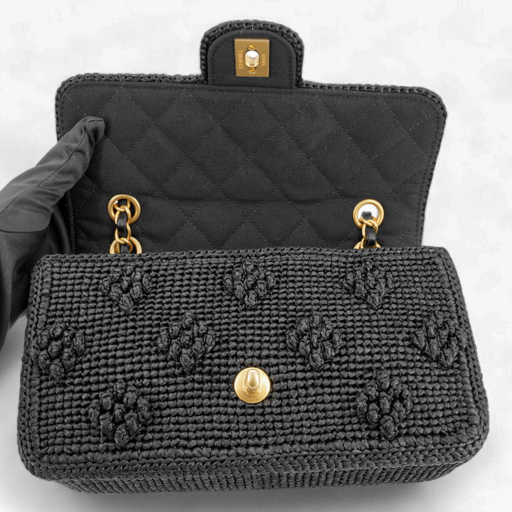 CHANEL 24P Black Braided Raffia Classic Small Flap Bag - Dearluxe.com