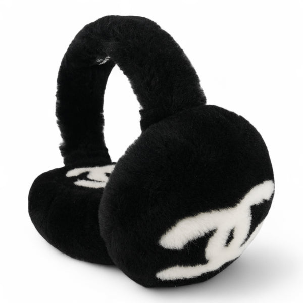 Oversized CC Foldable Earmuffs Black White Shearling