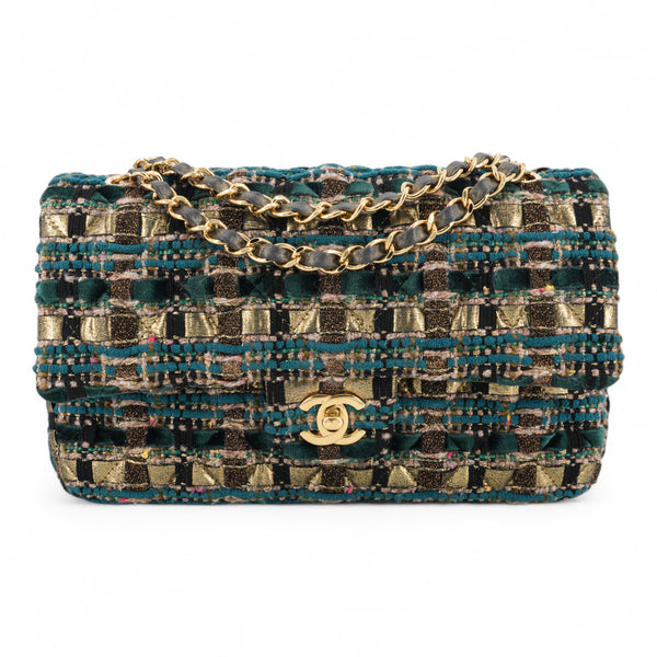 CHANEL 19A Ancient Egypt Gold Green Tweed Medium Classic Double Flap Bag - Dearluxe.com