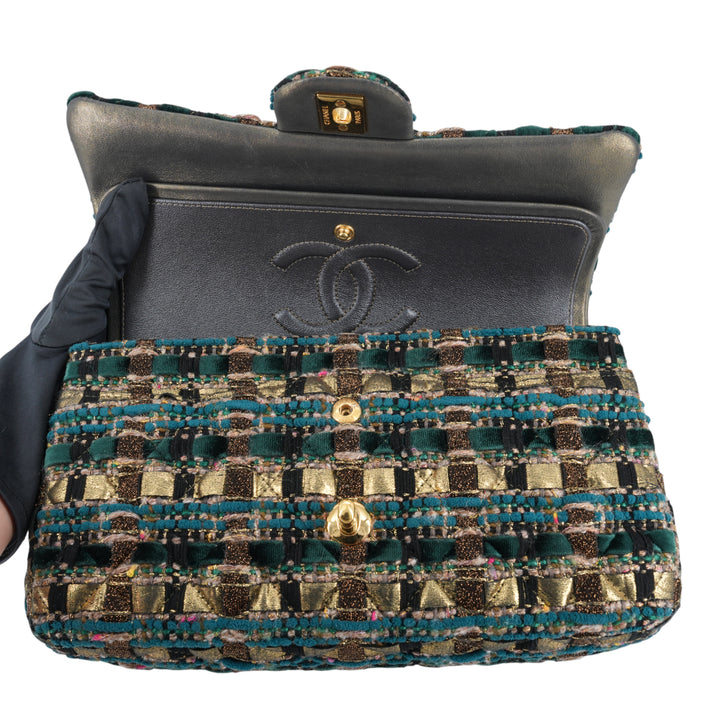 CHANEL 19A Ancient Egypt Gold Green Tweed Medium Classic Double Flap Bag - Dearluxe.com