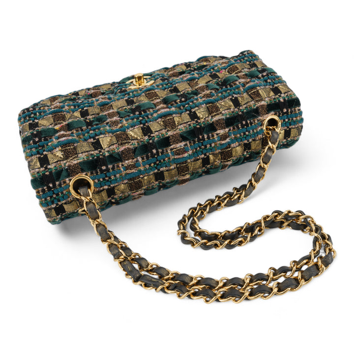 CHANEL 19A Ancient Egypt Gold Green Tweed Medium Classic Double Flap Bag - Dearluxe.com