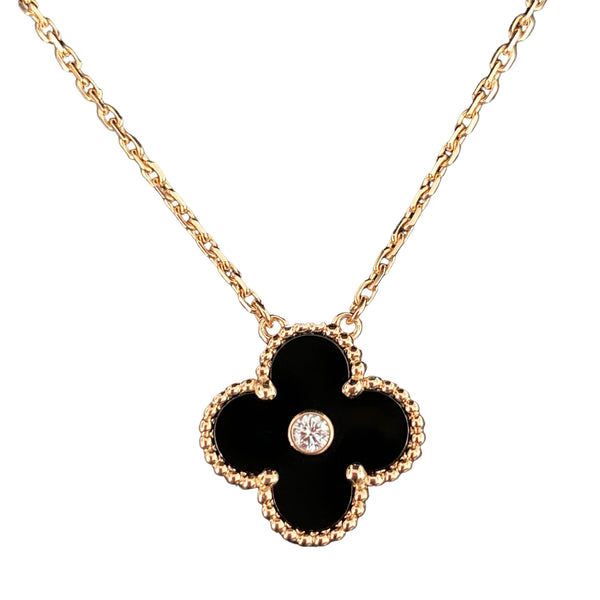 VAN CLEEF & ARPELS 2016 Onyx Vintage Alhambra Holiday Diamond Pendant Necklace - Dearluxe.com