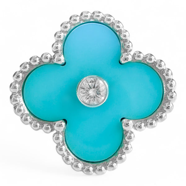 Turquoise Vintage Alhambra Diamond Ring 18k White Gold Sz52