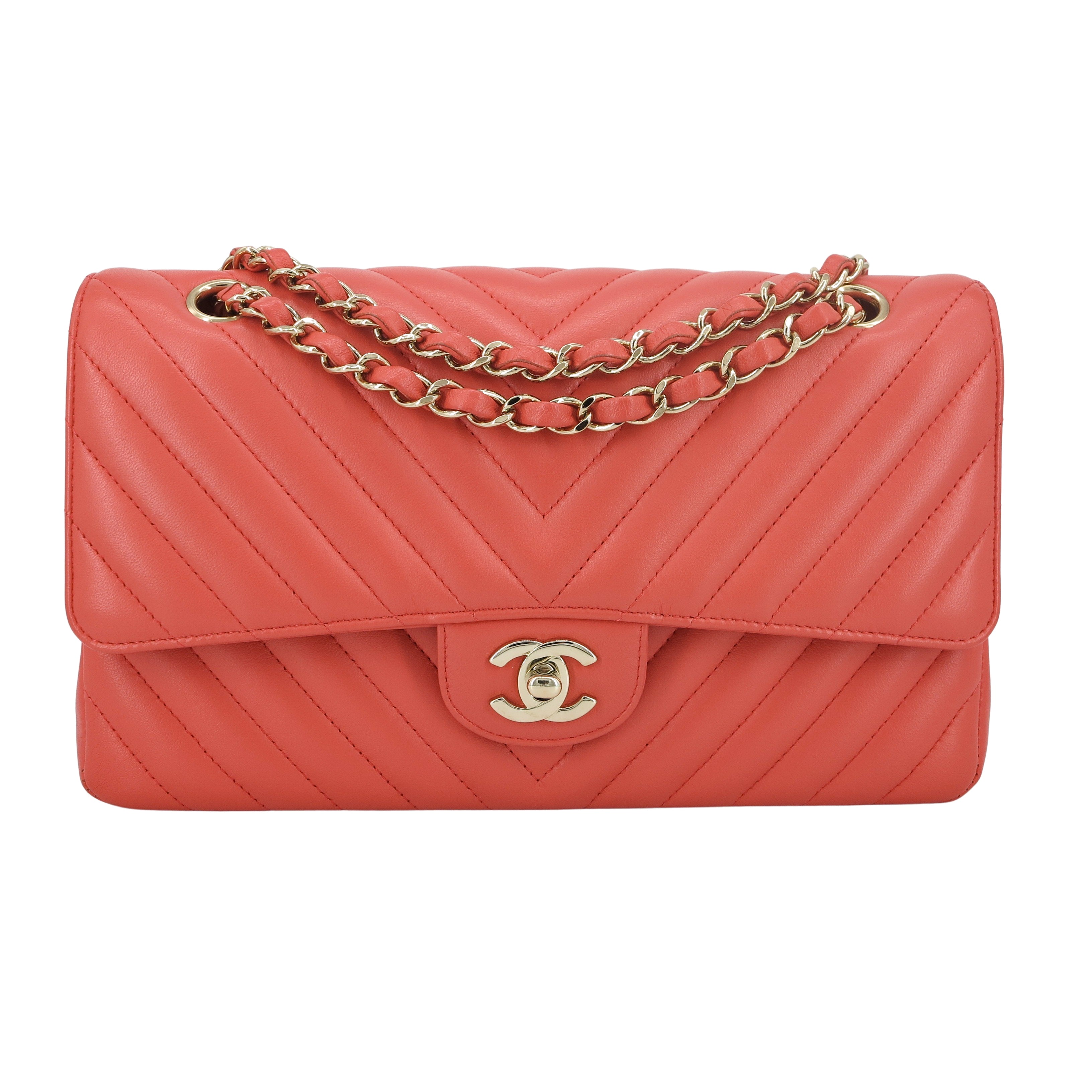 Chanel Chevron Medium Classic Double Flap Bag in Pink Coral Red Lambskin | Dearluxe