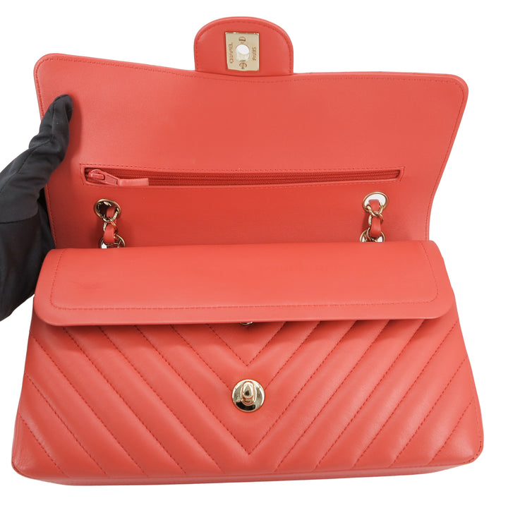 CHANEL Chevron Medium Classic Double Flap Bag in Pink Coral Red Lambskin - Dearluxe.com