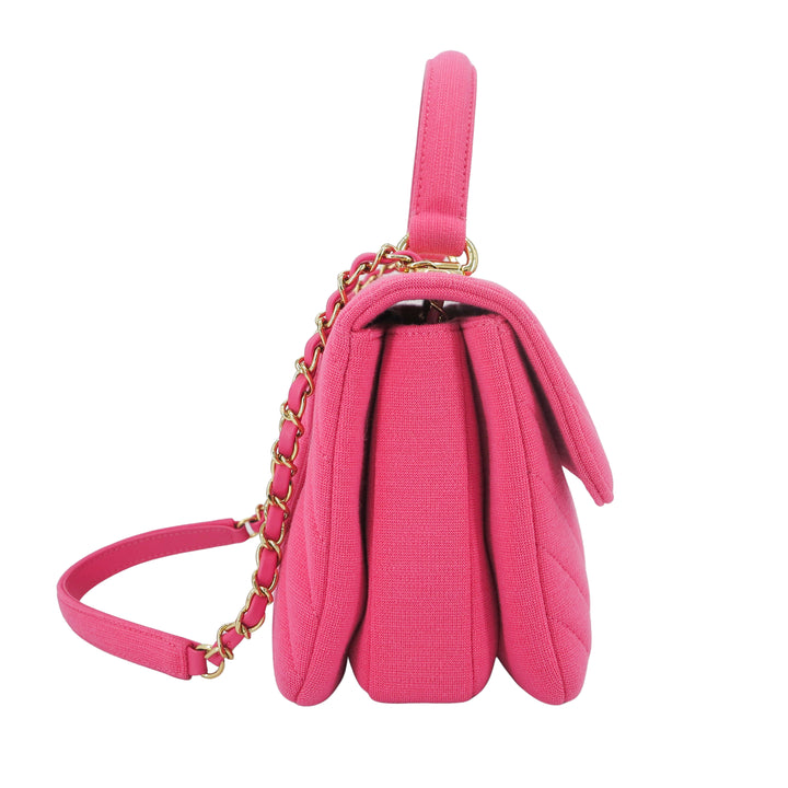 Small Trendy CC Flap Bag with Top Handle in Chevron Barbie Pink Jersey