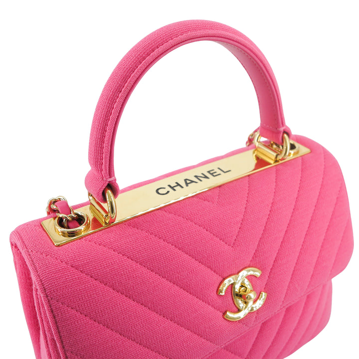Small Trendy CC Flap Bag with Top Handle in Chevron Barbie Pink Jersey - Dearluxe.com