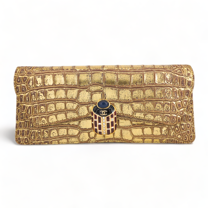 Chanel 19A Egyptian Gold Crocodile Print Rectangular Mini Flap Bag