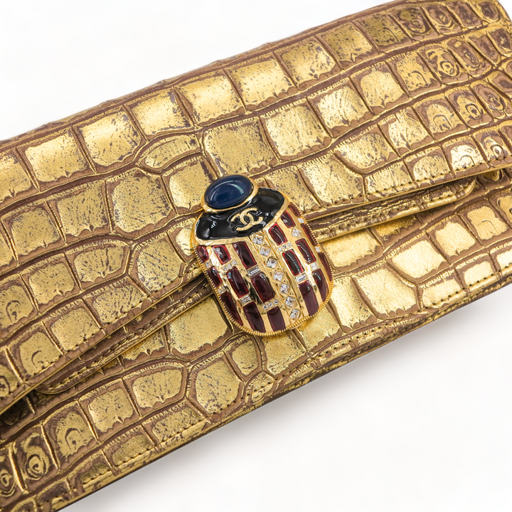CHANEL 19A Ancient Egypt Gold Crocodile Embossed Jewelled Scarab Clutch Bag - Dearluxe.com