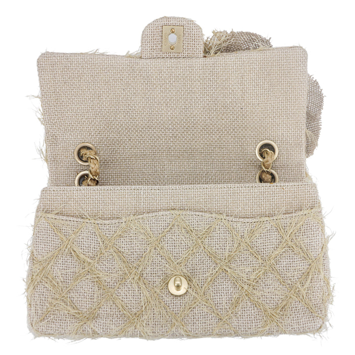 Chanel Taupe Beige Camellia Straw Jute Raffia Medium Flap Bag | Dearluxe