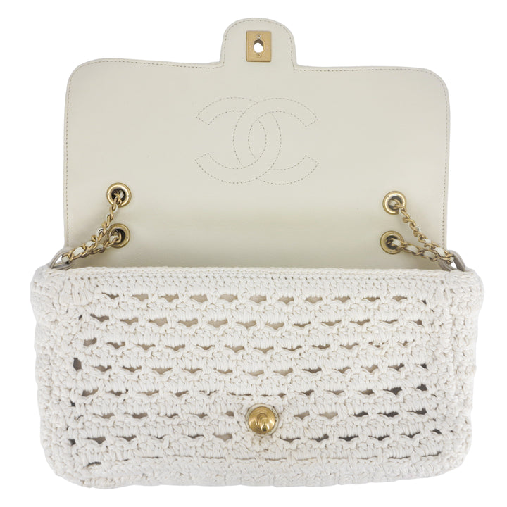 Chanel 17C White Crochet Braided Cayo Coco Medium Flap Bag | Dearluxe