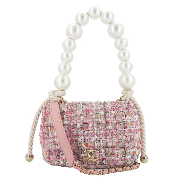 19S Pink Tweed Mini Pearl Handle Flap Bag