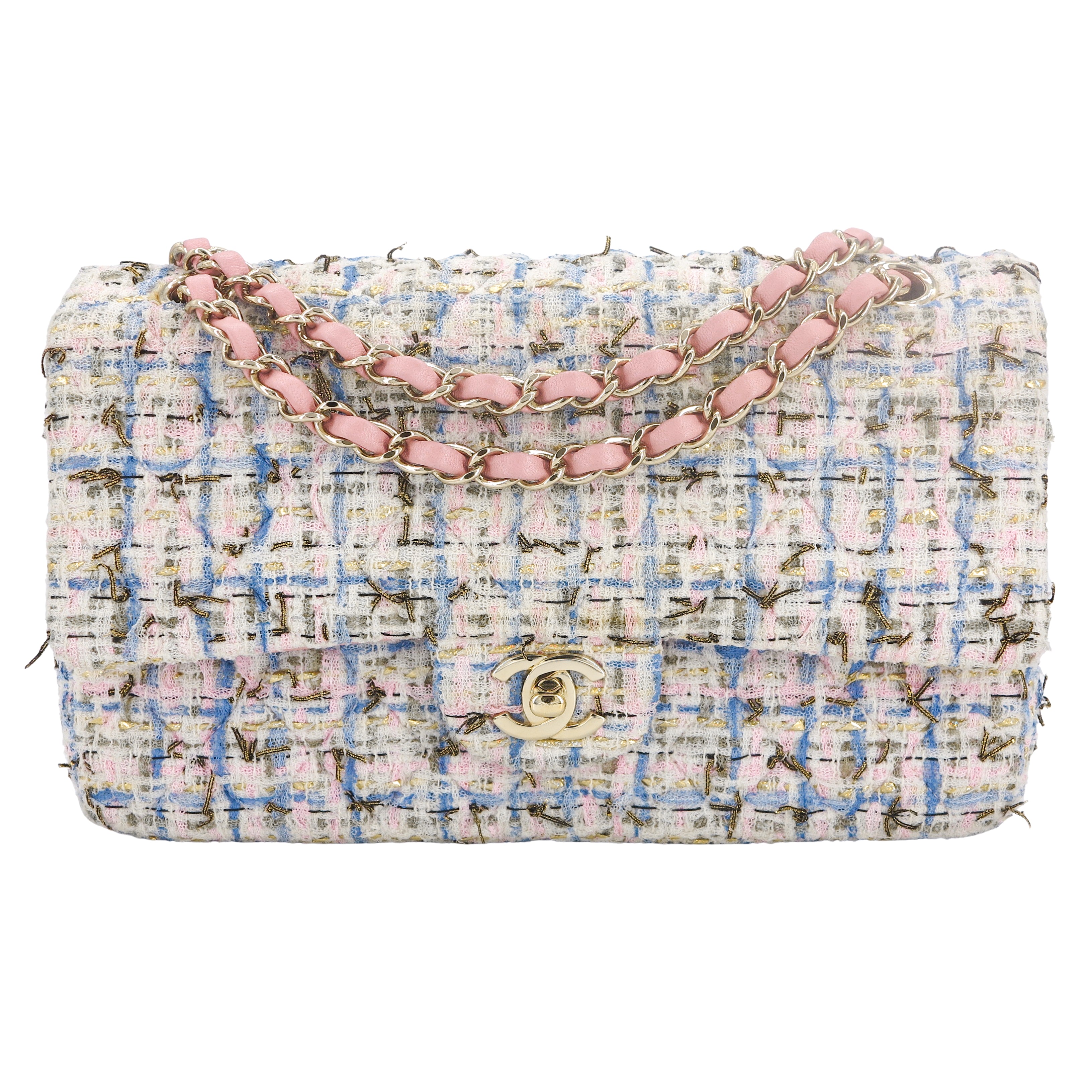 Chanel 19C Pink Blue Tweed Medium Classic Double Flap Bag | Dearluxe