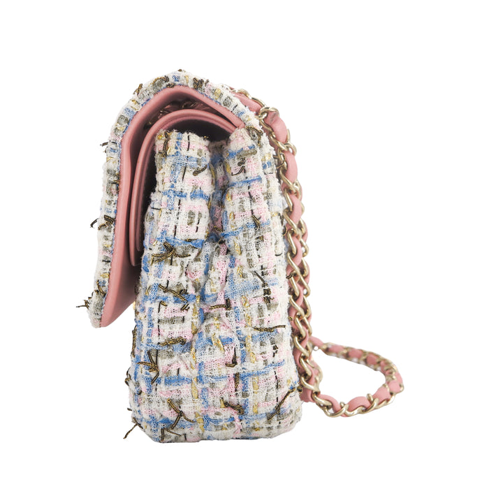 CHANEL 19C Pink Blue Tweed Medium Classic Double Flap Bag