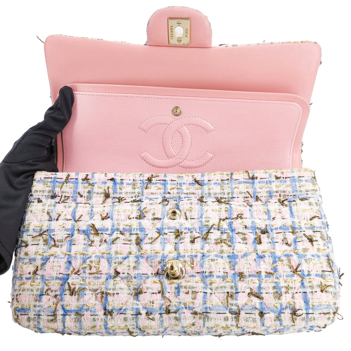 CHANEL 19C Pink Blue Tweed Medium Classic Double Flap Bag - Dearluxe.com