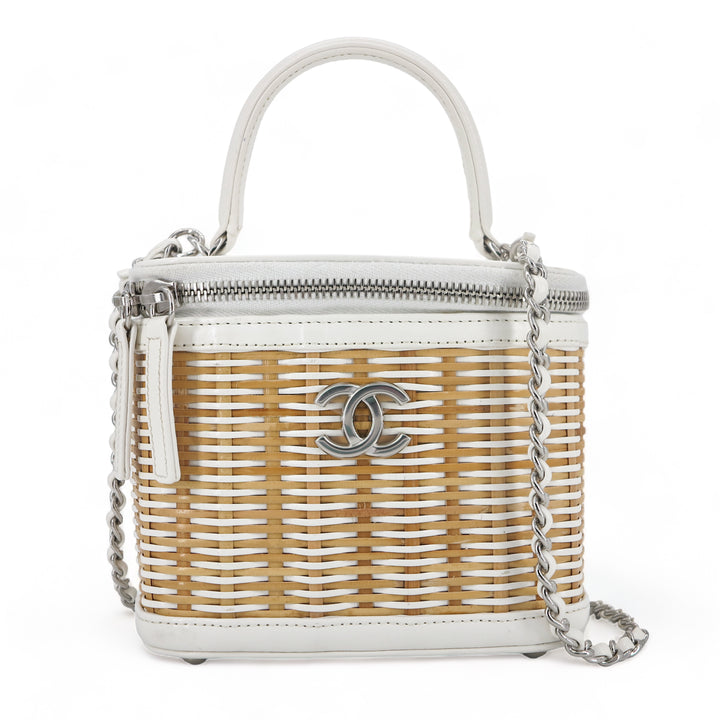 CHANEL White Rattan Wicker Small Vanity Case with Top Handle - Dearluxe.com