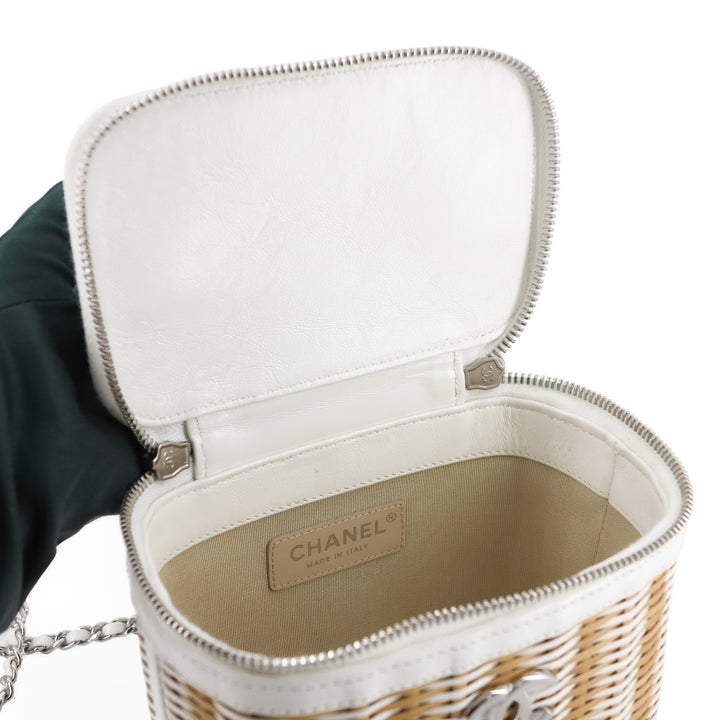 CHANEL White Rattan Wicker Small Vanity Case with Top Handle