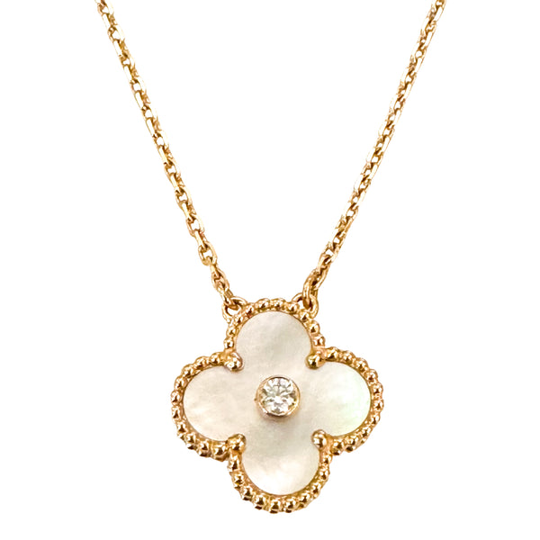 2012 White Mother-of-Pearl Vintage Alhambra Diamond Holiday Pendant Necklace