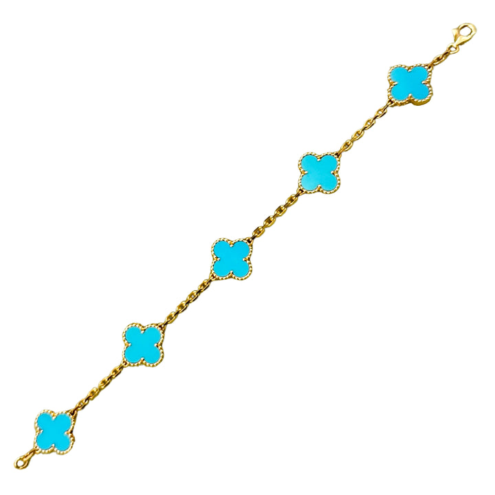 VAN CLEEF & ARPELS Turquoise Vintage Alhambra 5 Motifs Bracelet 18k Yellow Gold - Dearluxe.com