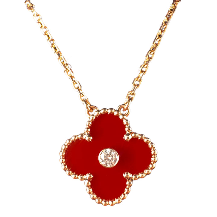 VAN CLEEF & ARPELS 2011 Carnelian Vintage Alhambra Diamond Holiday Pendant Necklace - Dearluxe.com