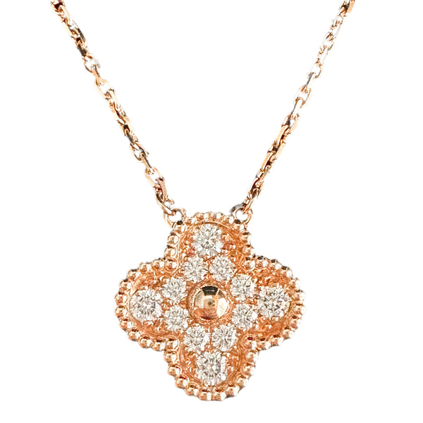 VAN CLEEF & ARPELS Pavé Diamond Vintage Alhambra Pendant Necklace 18K Pink Gold - Dearluxe.com