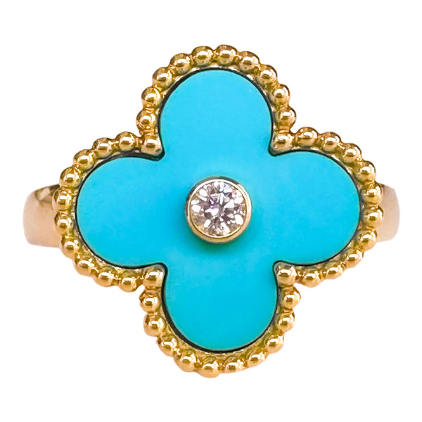 VAN CLEEF & ARPELS Turquoise Vintage Alhambra Diamond Ring 18k Yellow Gold - Dearluxe.com