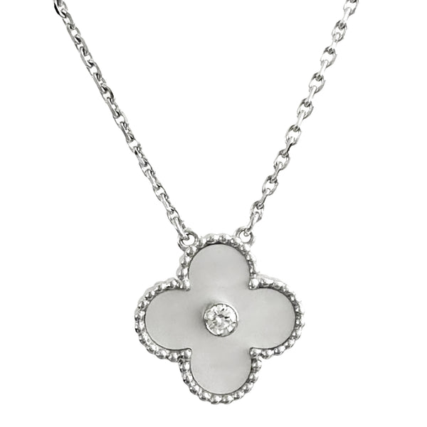 VAN CLEEF & ARPELS 2009 White Mother-of-Pearl Vintage Alhambra Diamond Holiday Pendant Necklace - Dearluxe.com
