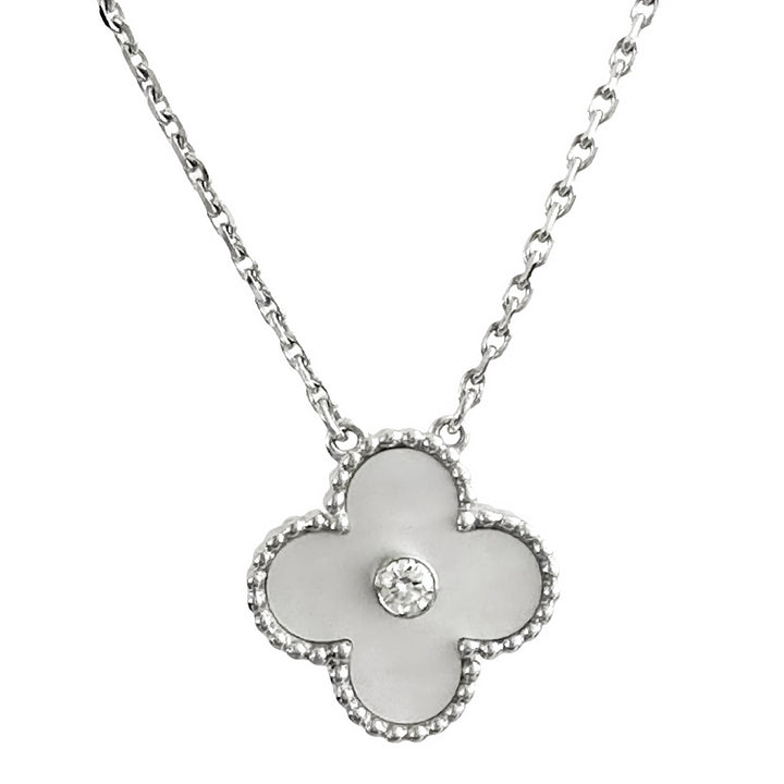VAN CLEEF & ARPELS 2009 White Mother-of-Pearl Vintage Alhambra Diamond Holiday Pendant Necklace - Dearluxe.com