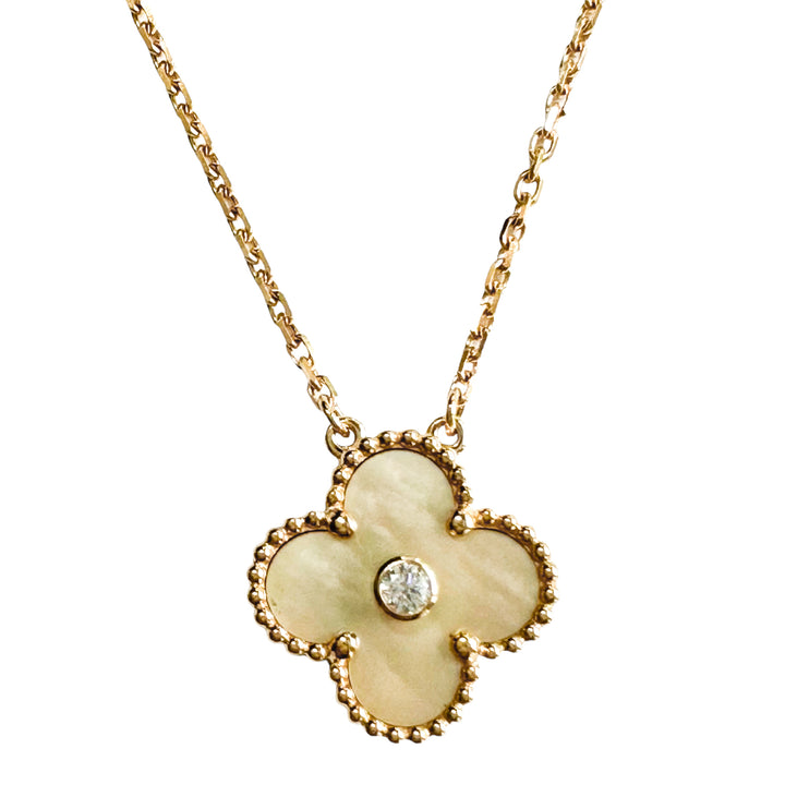 VAN CLEEF & ARPELS 2018 Gold Mother-of-Pearl Vintage Alhambra Diamond Holiday Pendant Necklace - Dearluxe.com