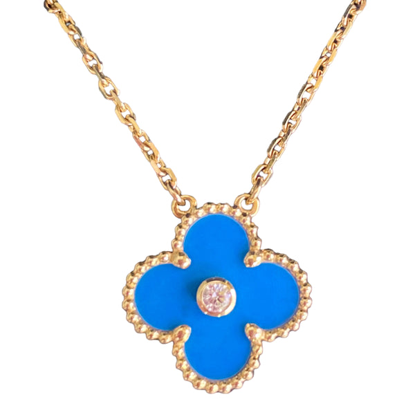 2019 Blue Sèvres Porcelain Vintage Alhambra Diamond Holiday Pendant Necklace - Dearluxe.com