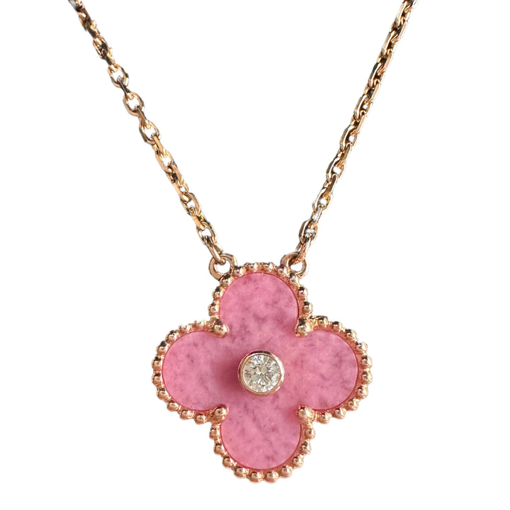 VAN CLEEF & ARPELS 2021 Rhodonite Vintage Alhambra Diamond Holiday Pendant Necklace - Dearluxe.com