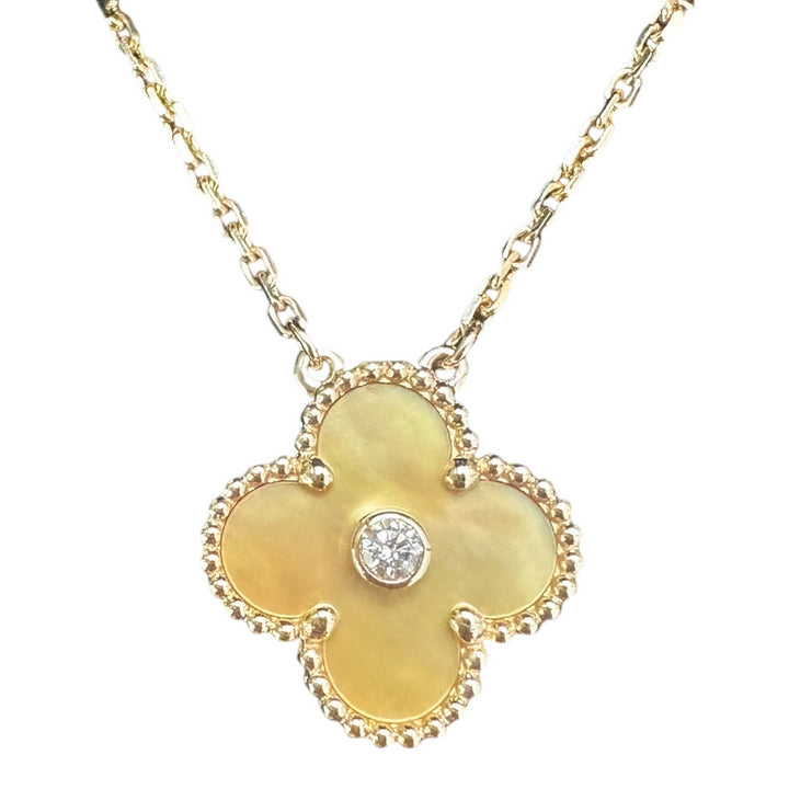 
VAN CLEEF & ARPELS 2018 Gold Mother-of-Pearl Vintage Alhambra Diamond Holiday Pendant Necklace - Dearluxe.com