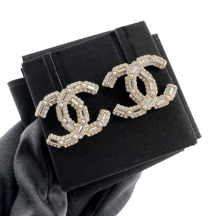 Chanel 22K Oversized Crystal Pearl CC Stud Earrings | Dearluxe