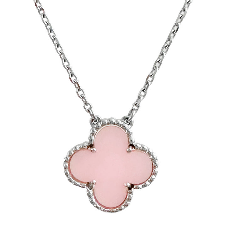 VAN CLEEF & ARPELS Pink Opal Vintage Alhambra Pendant Necklace 18k White Gold - Dearluxe.com