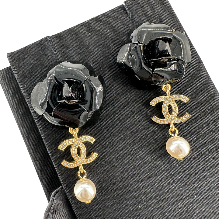 CHANEL 20A Oversized Black Camelia Crystal CC Pearl Long Drop Earrings - Dearluxe.com