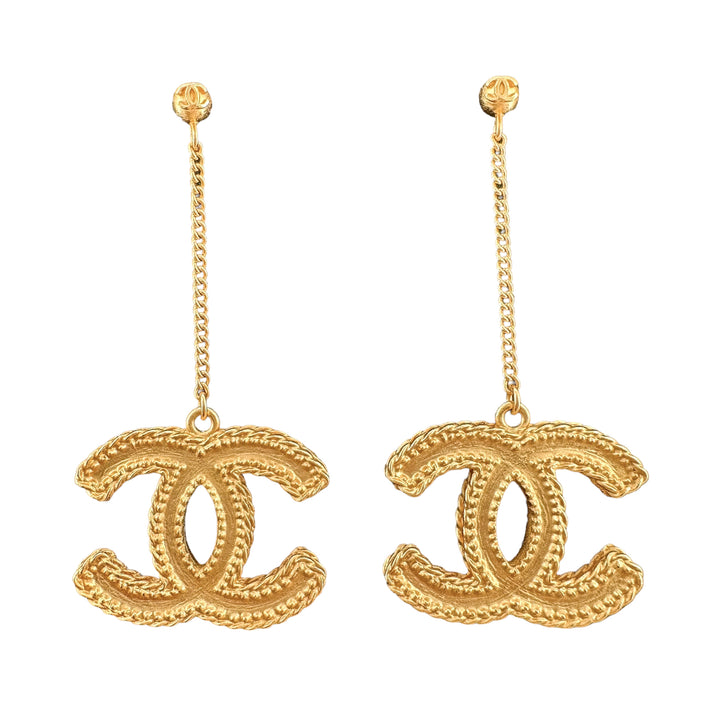 CHANEL Matte Gold CC Long Drop Earrings - Dearluxe.com