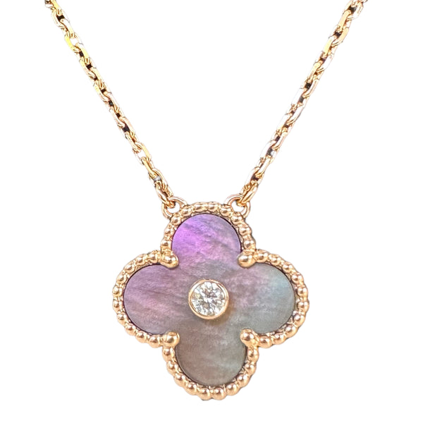 VAN CLEEF & ARPELS 2014 Grey Mother of Pearl Vintage Alhambra Diamond Holiday Pendant Necklace - Dearluxe.com