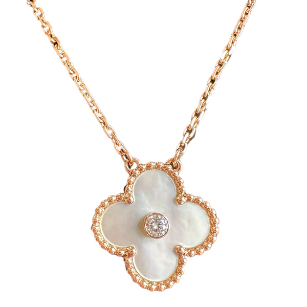 2012 White Mother-of-Pearl Vintage Alhambra Diamond Holiday Pendant Necklace