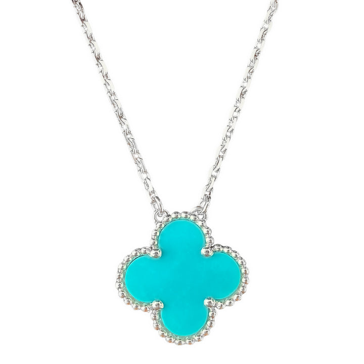 VAN CLEEF & ARPELS Vintage Alhambra Pendant Necklace 18k White Gold Turquoise - Dearluxe.com
