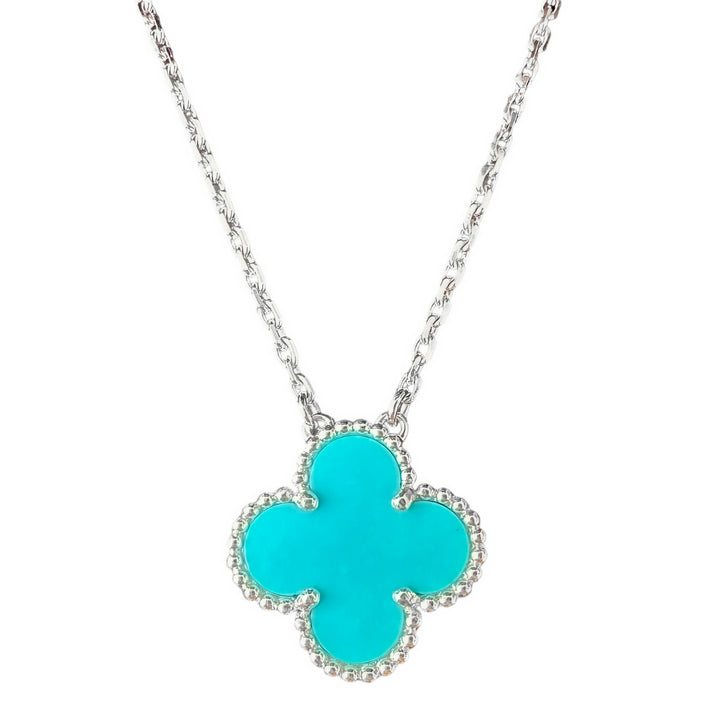 VAN CLEEF & ARPELS Vintage Alhambra Pendant Necklace 18k White Gold Turquoise - Dearluxe.com