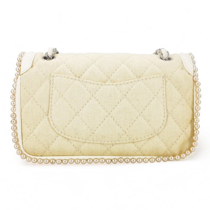CHANEL Vintage Pearl Trim Quilted Canvas Medium Classic Double Flap Bag - Dearluxe.com